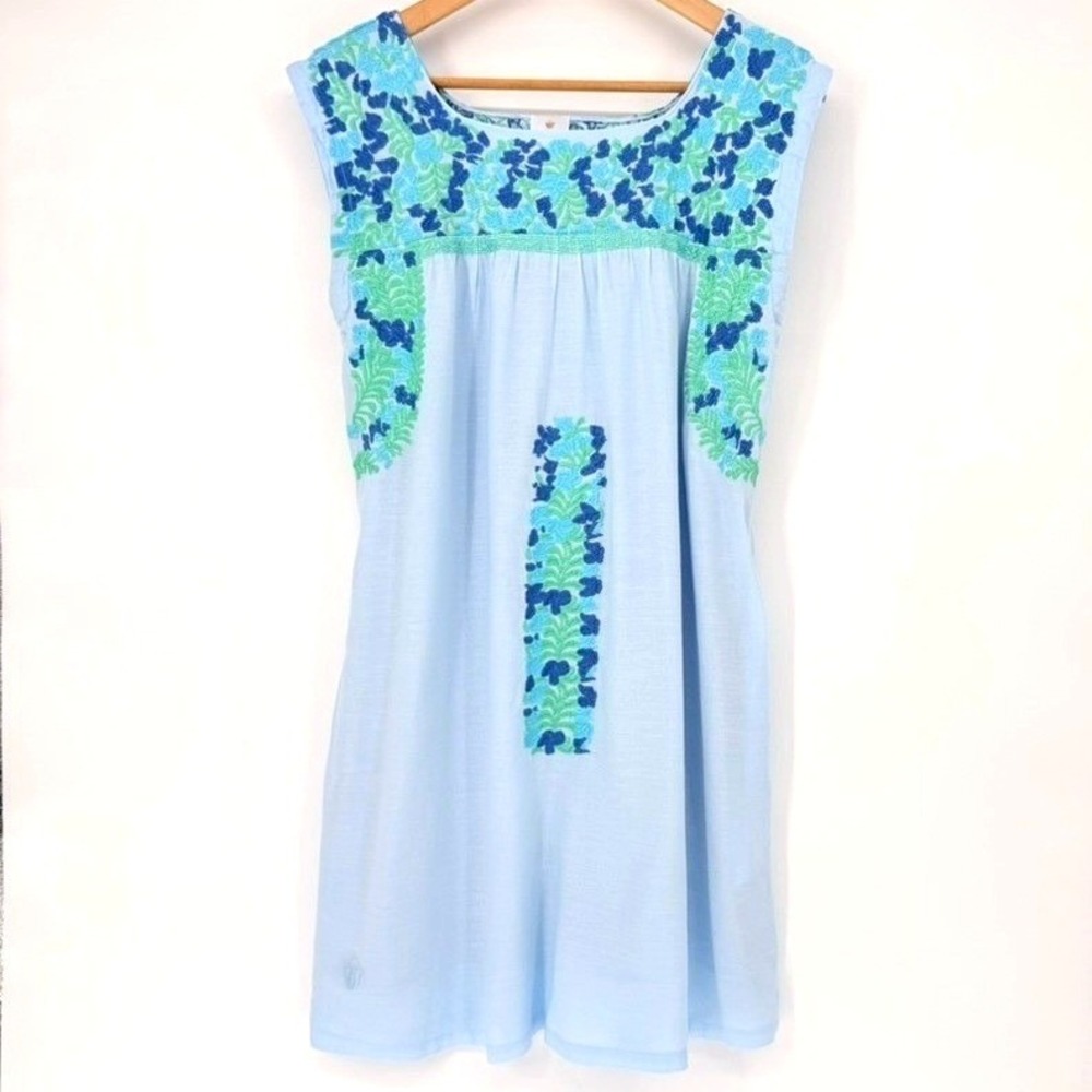 J. Marie Light Blue Floral Embroidered Linen Blend Shift Dress Small Coastal